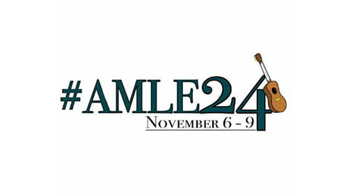 AMLE 2024 logo featuring bold green text with a guitar icon, promoting the middle-level education conference in November.