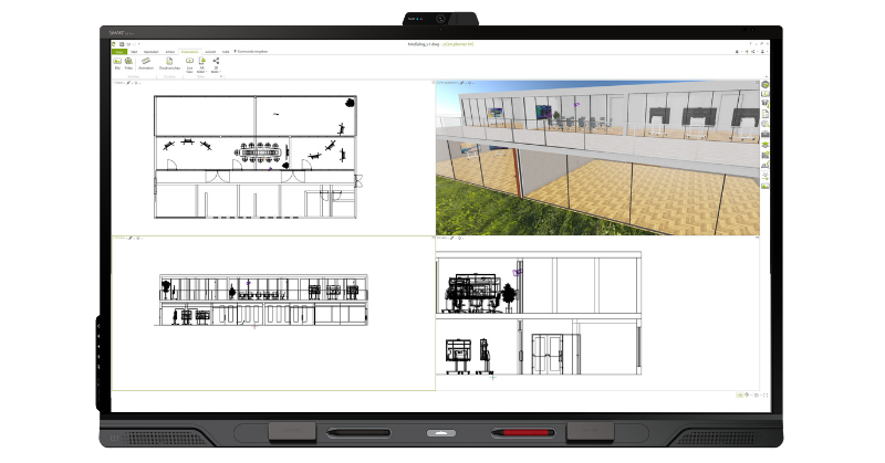 Interactive SMART display showing detailed architectural plans and a 3D interior design model using pCon planner software.